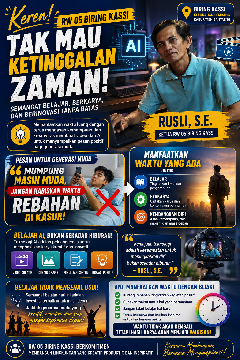 KEREN! RW 05 BIRING KASSI TAK MAU KETINGGALAN ZAMAN, RUSLI, S.E. ASAH KREATIVITAS MEMBUAT VIDEO AI: 'JANGAN HABISKAN MASA MUDA HANYA UNTUK REBAHAN!
